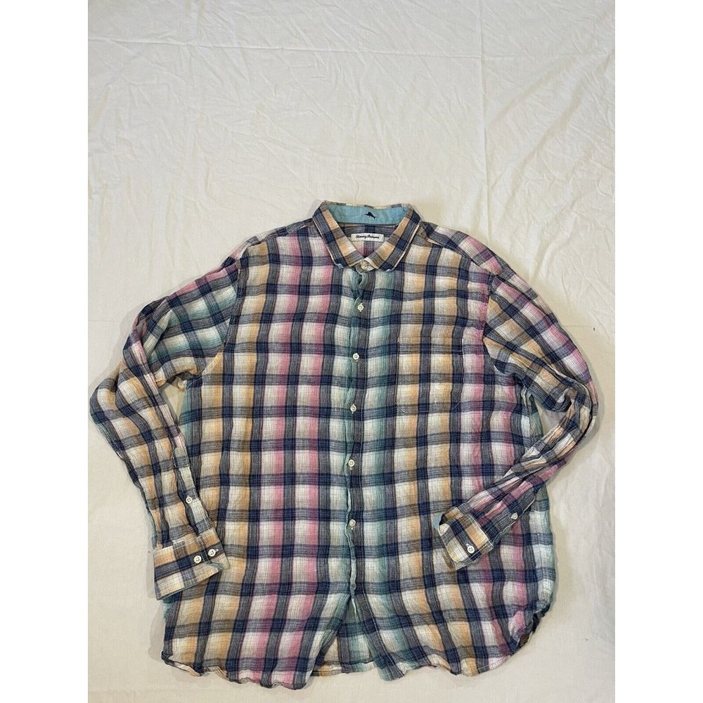 Tommy Bahama‎ Multicolor Shirt Men’s Sz XXL 100% Linen Blue Plaid Long Sleeve